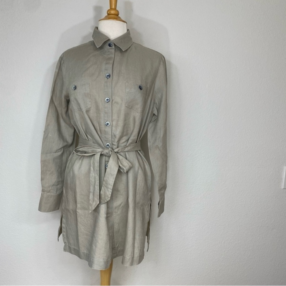 Marc Ware Womens Taupe 100% Linen Button Pocket Oversize Tunic Belt Shirt Size M
